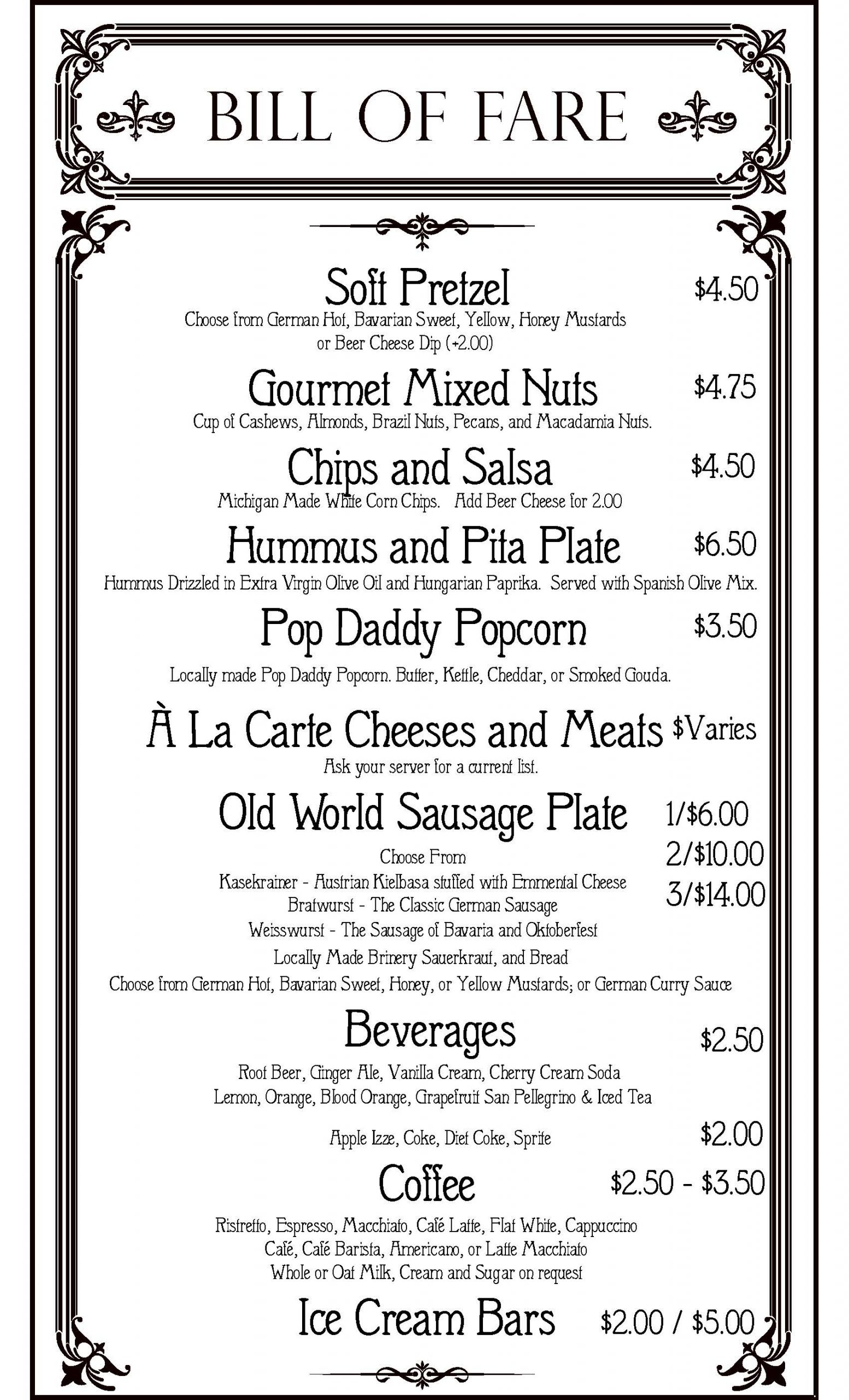 Bill Of Fare_Aug 2021_Brewery Becker food menu Brewery Becker